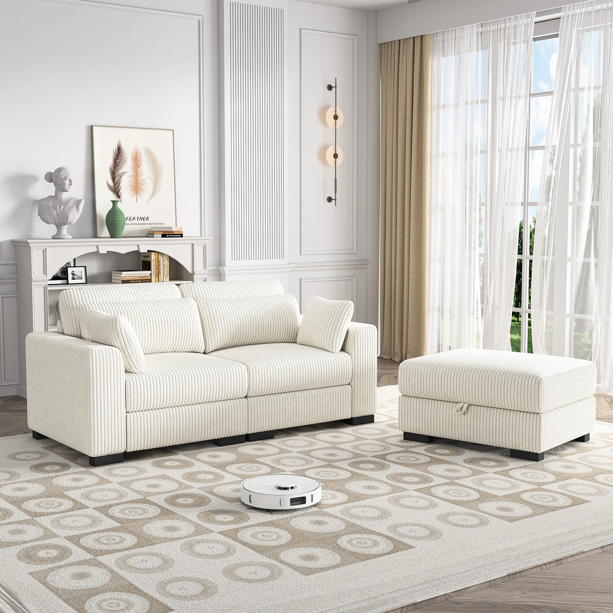 Canapé d'Angle Modulaire Velours Côtelé avec Accoudoirs Larges – Beige ou Gris, 100% Personnalisable