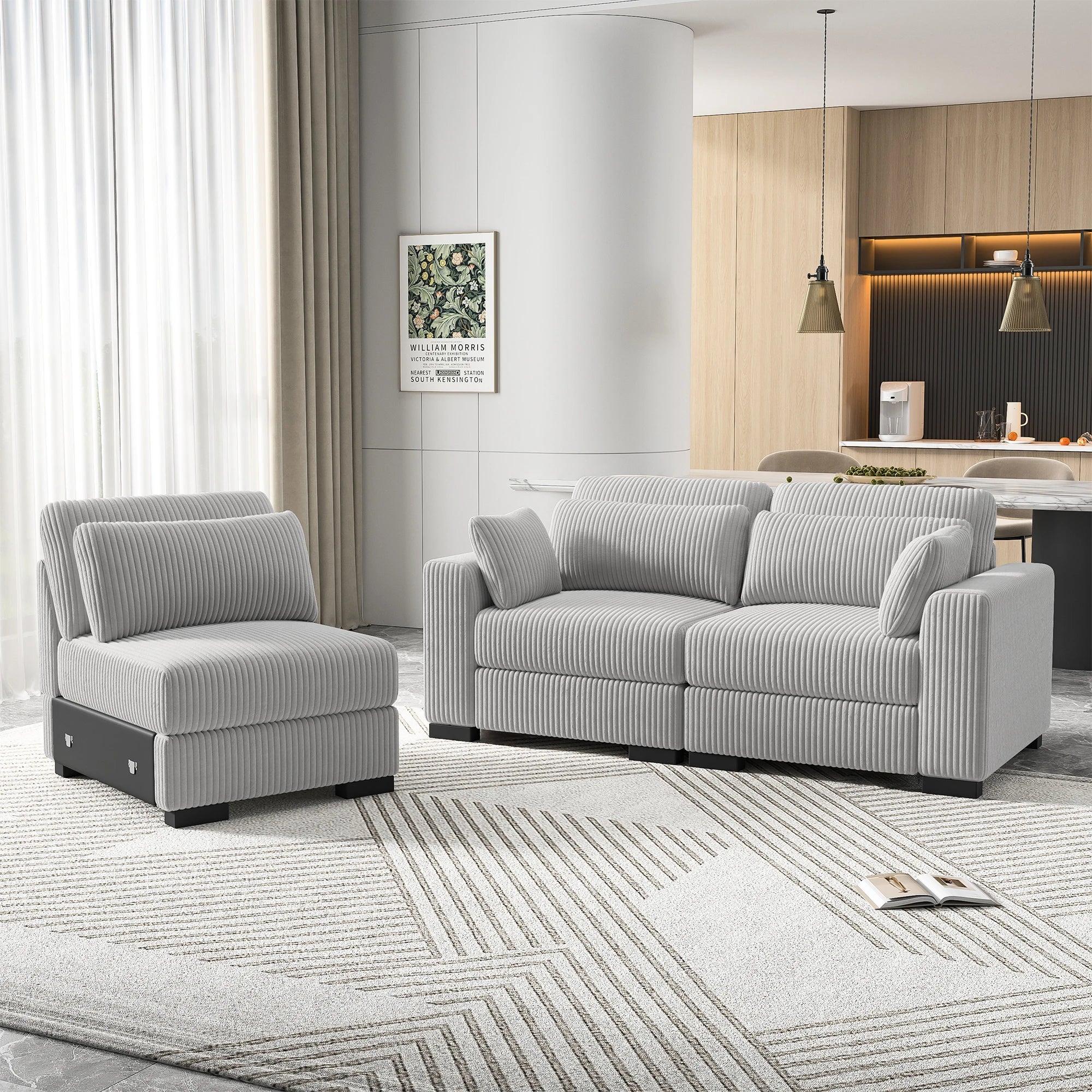 Canapé d'Angle Modulaire Velours Côtelé avec Accoudoirs Larges – Beige ou Gris, 100% Personnalisable