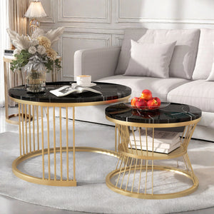 Duo de Tables Gigognes Rondes Marbre – Finition Brillante, Noir ou Blanc