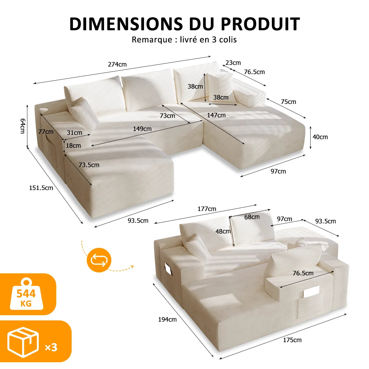 Canapé Modulaire en U Velours Côtelé – Mousse à Mémoire de Forme, Confort Généreux