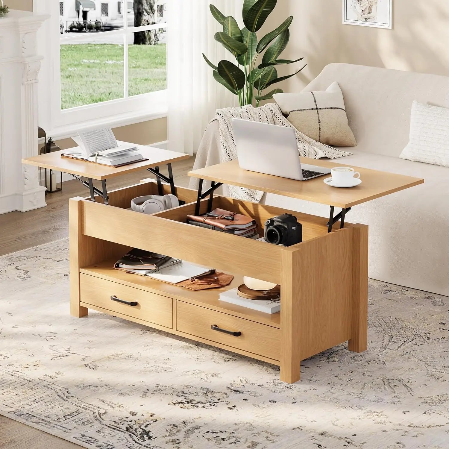 Table Basse Relevable en Bois avec 2 Tiroirs & Compartiment Caché – Rangement Malin pour Salon