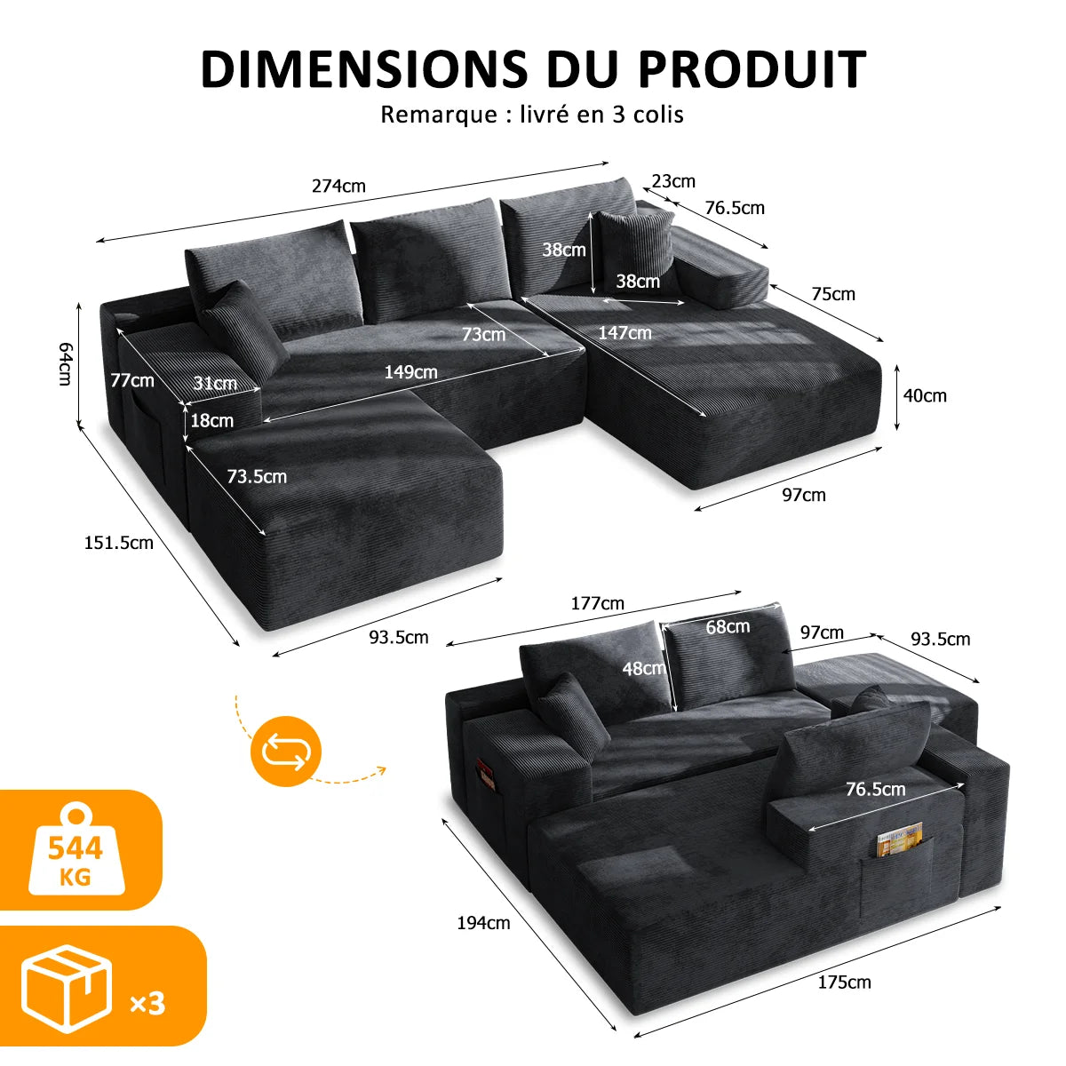 Canapé Modulaire en U Velours Côtelé Mousse Mémoire de Forme – Confort Généreux pour Salon