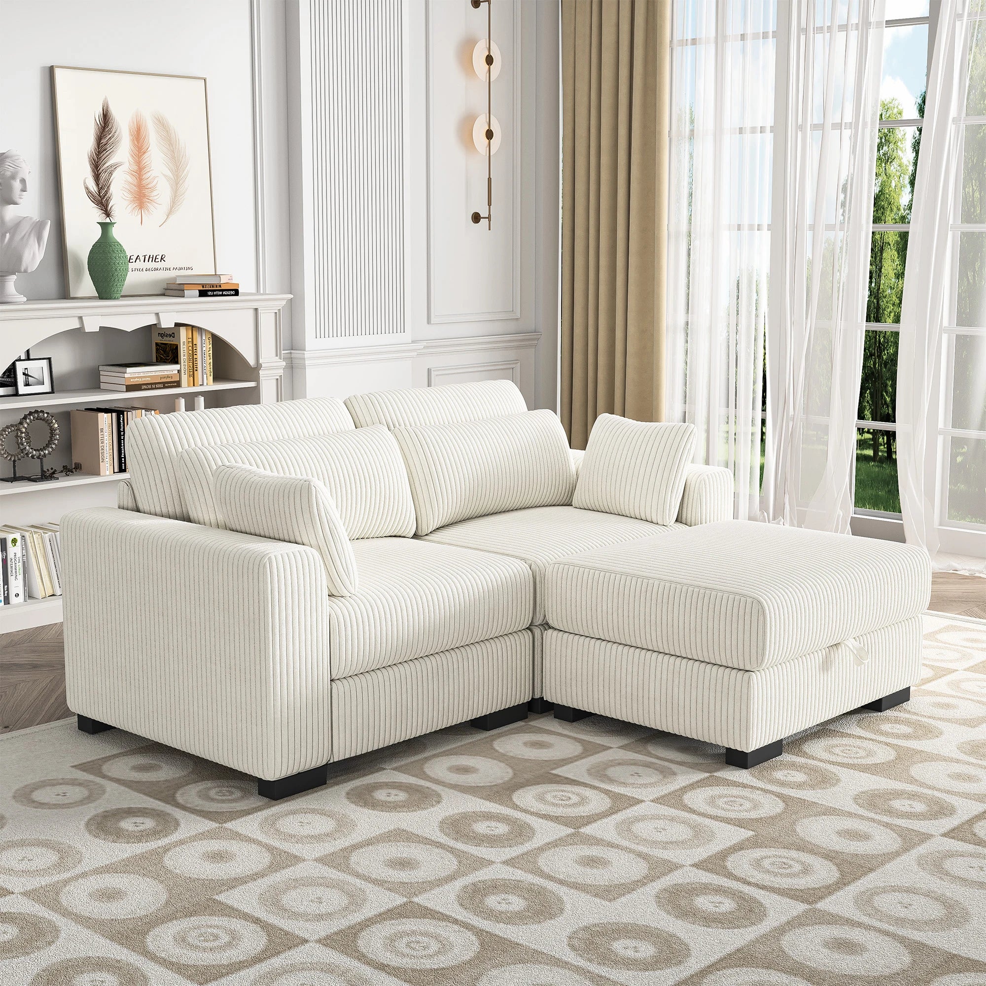 Canapé d'Angle Modulaire Velours Côtelé avec Accoudoirs Larges – Beige ou Gris, 100% Personnalisable