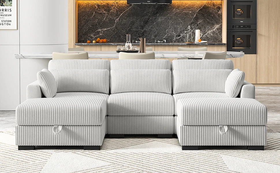 Canapé d'Angle Modulaire Velours Côtelé avec Accoudoirs Larges – Beige ou Gris, 100% Personnalisable