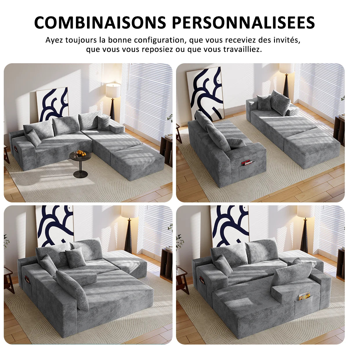 Canapé Modulaire en U Velours Côtelé Mousse Mémoire de Forme – Confort Généreux pour Salon