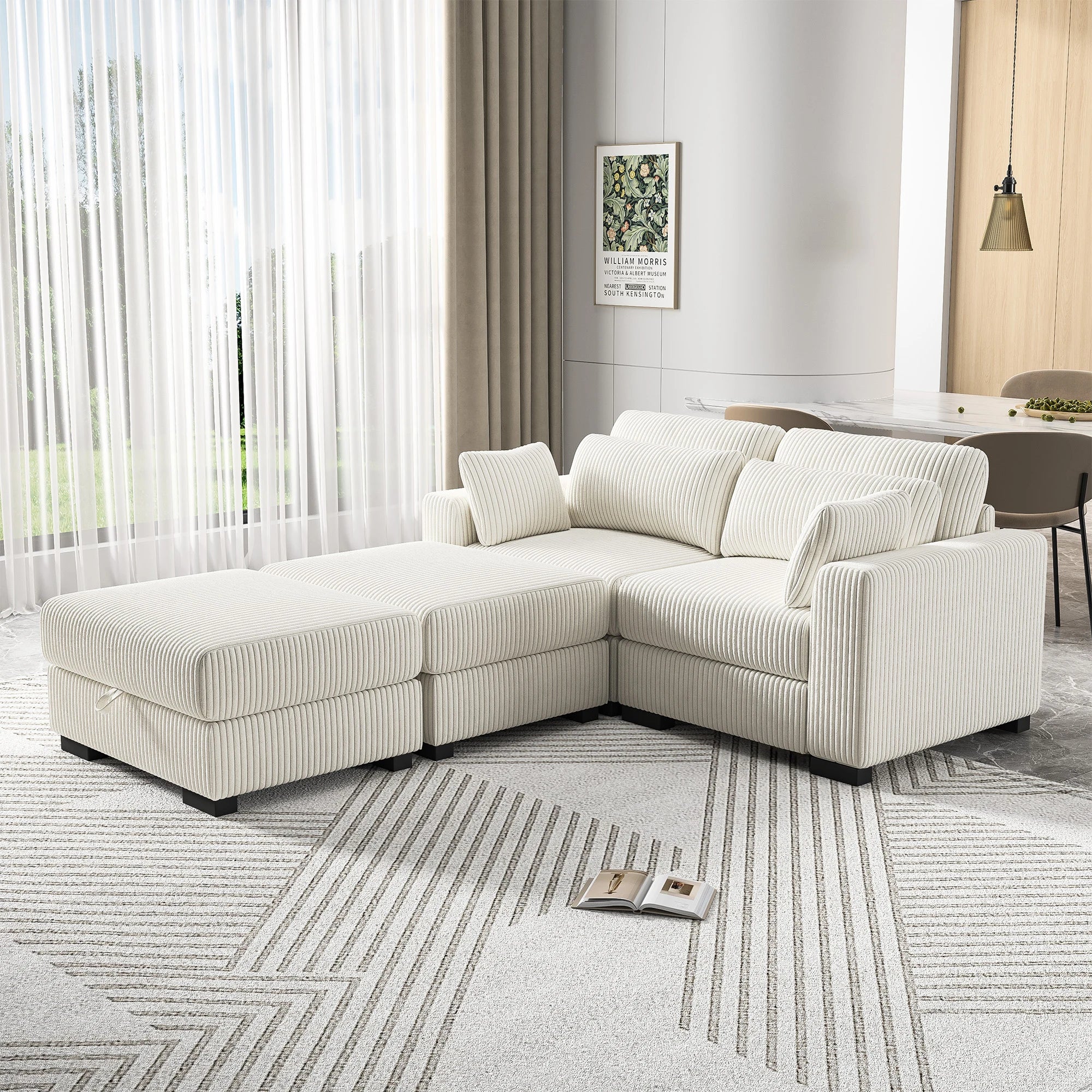 Canapé d'Angle Modulaire Velours Côtelé avec Accoudoirs Larges – Beige ou Gris, 100% Personnalisable