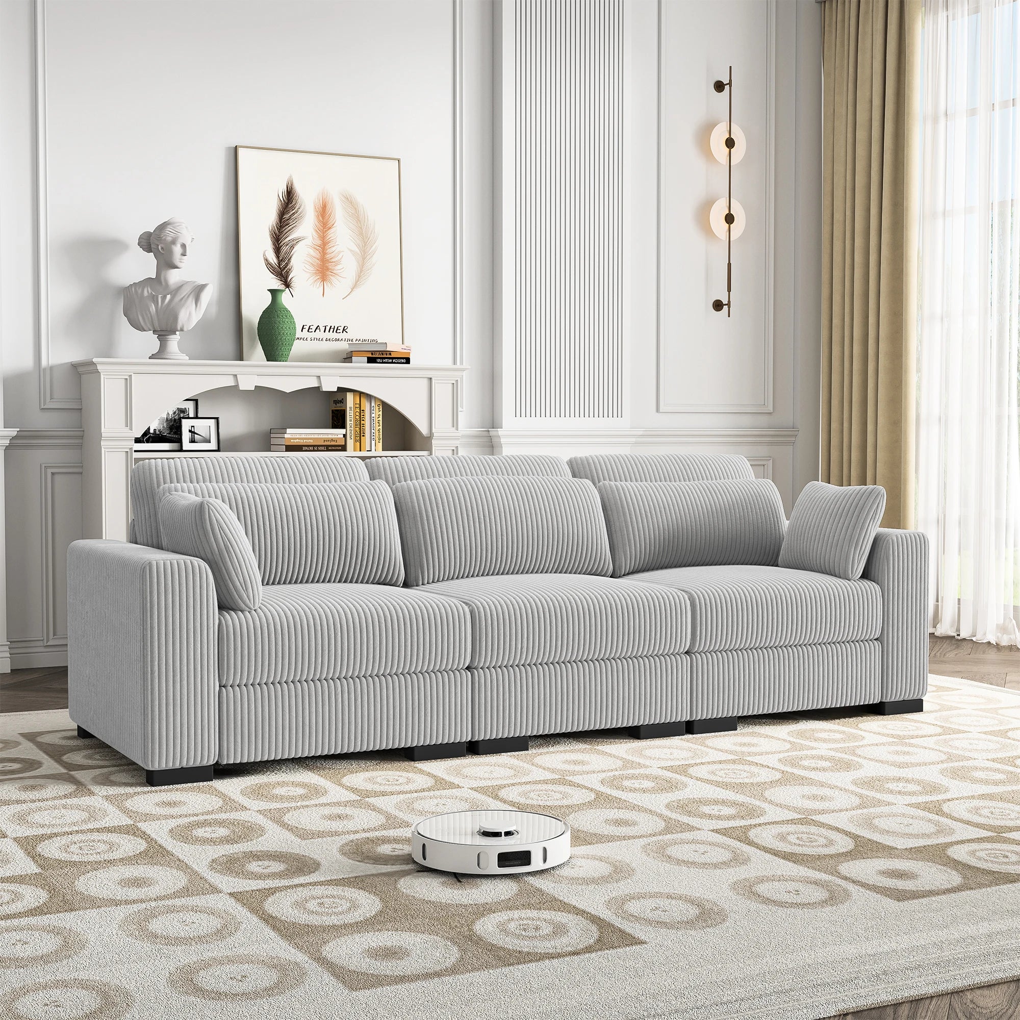 Canapé d'Angle Modulaire Velours Côtelé avec Accoudoirs Larges – Beige ou Gris, 100% Personnalisable