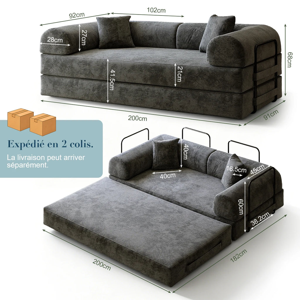 Canapé-Lit Double Mihtrov Velours Gris Sans Montage – Mousse Mémoire de Forme