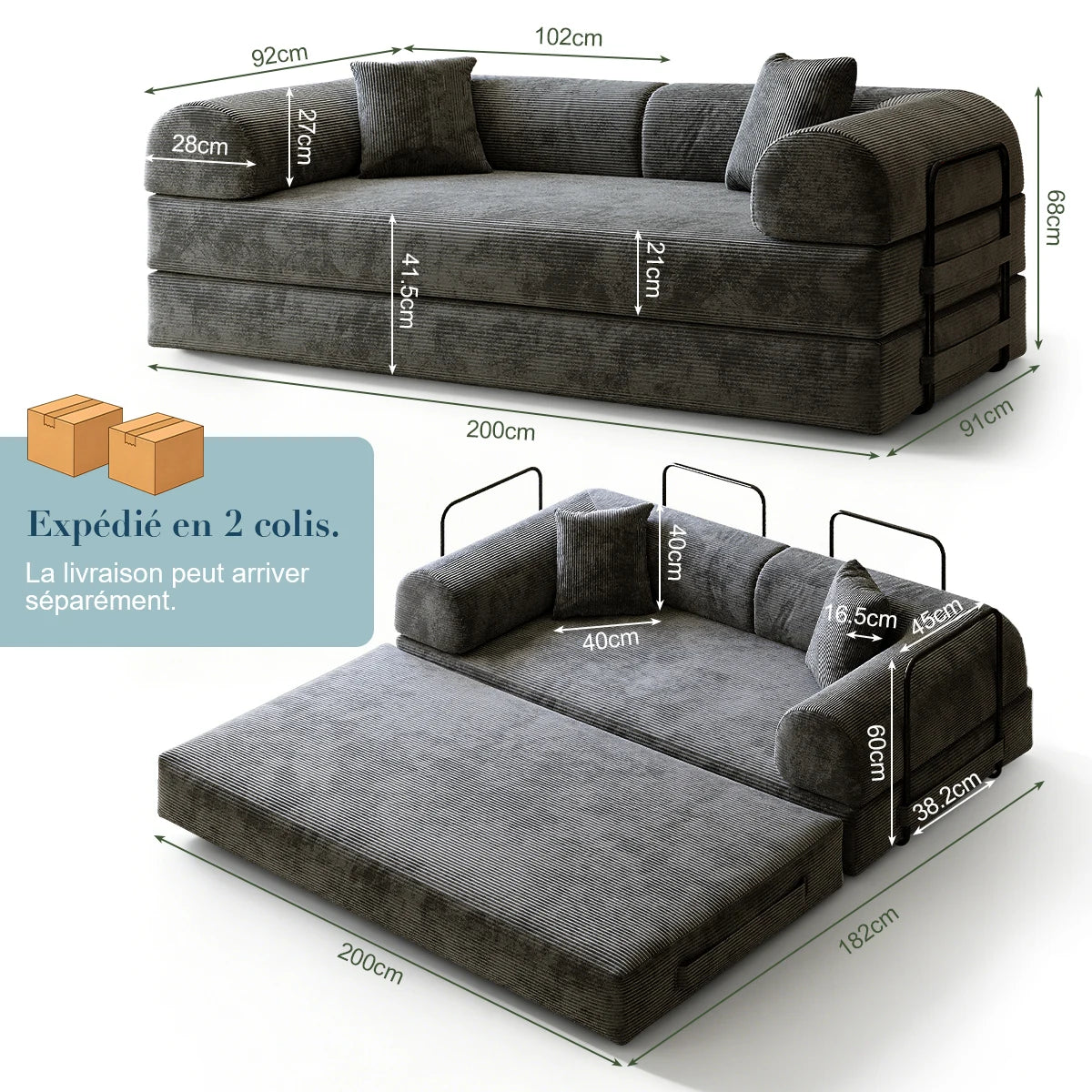 Canapé-Lit Double Mihtrov Velours Gris Sans Montage – Mousse Mémoire de Forme