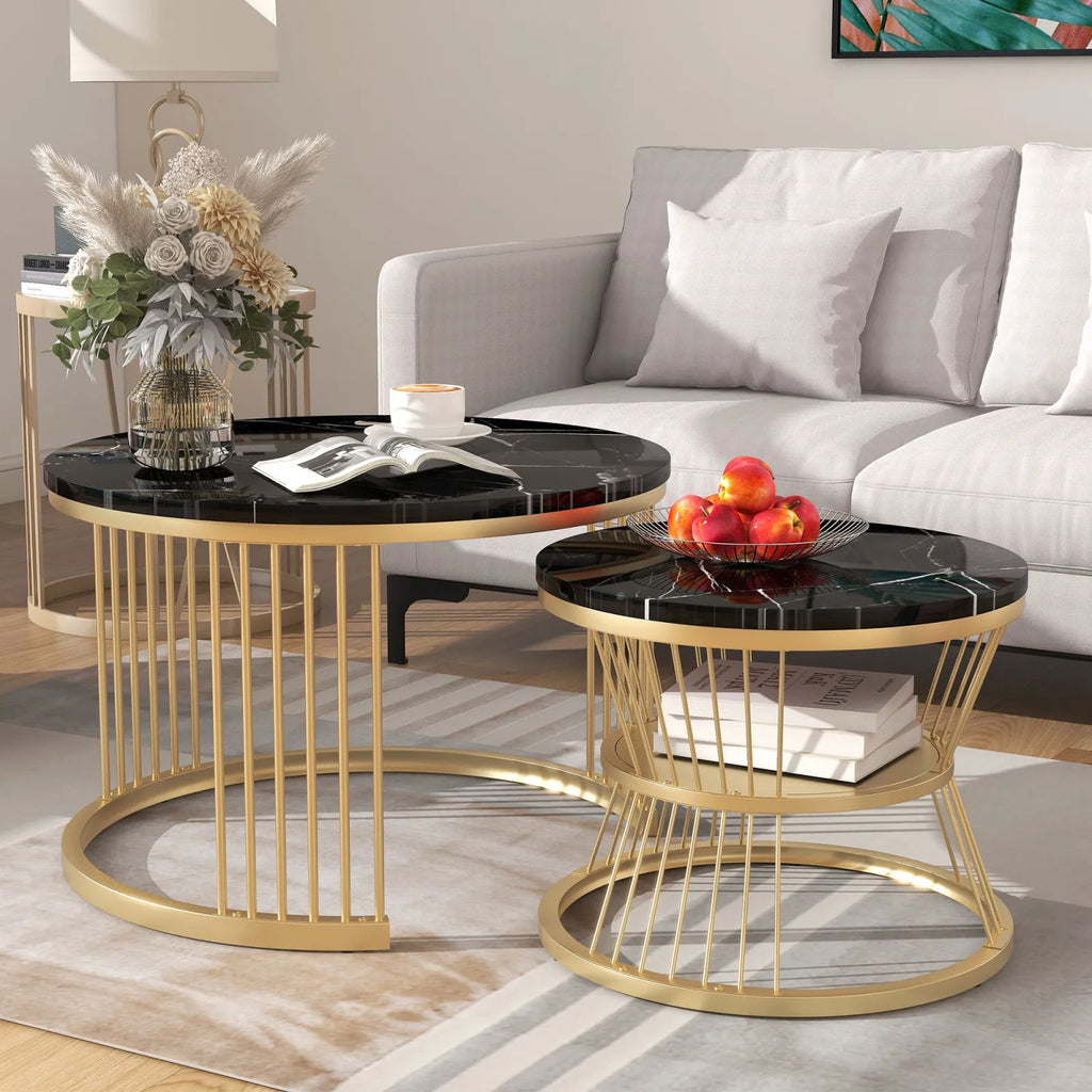 Duo de Tables Gigognes Rondes Marbre Noir & Blanc Haute Brillance – Design Modulable