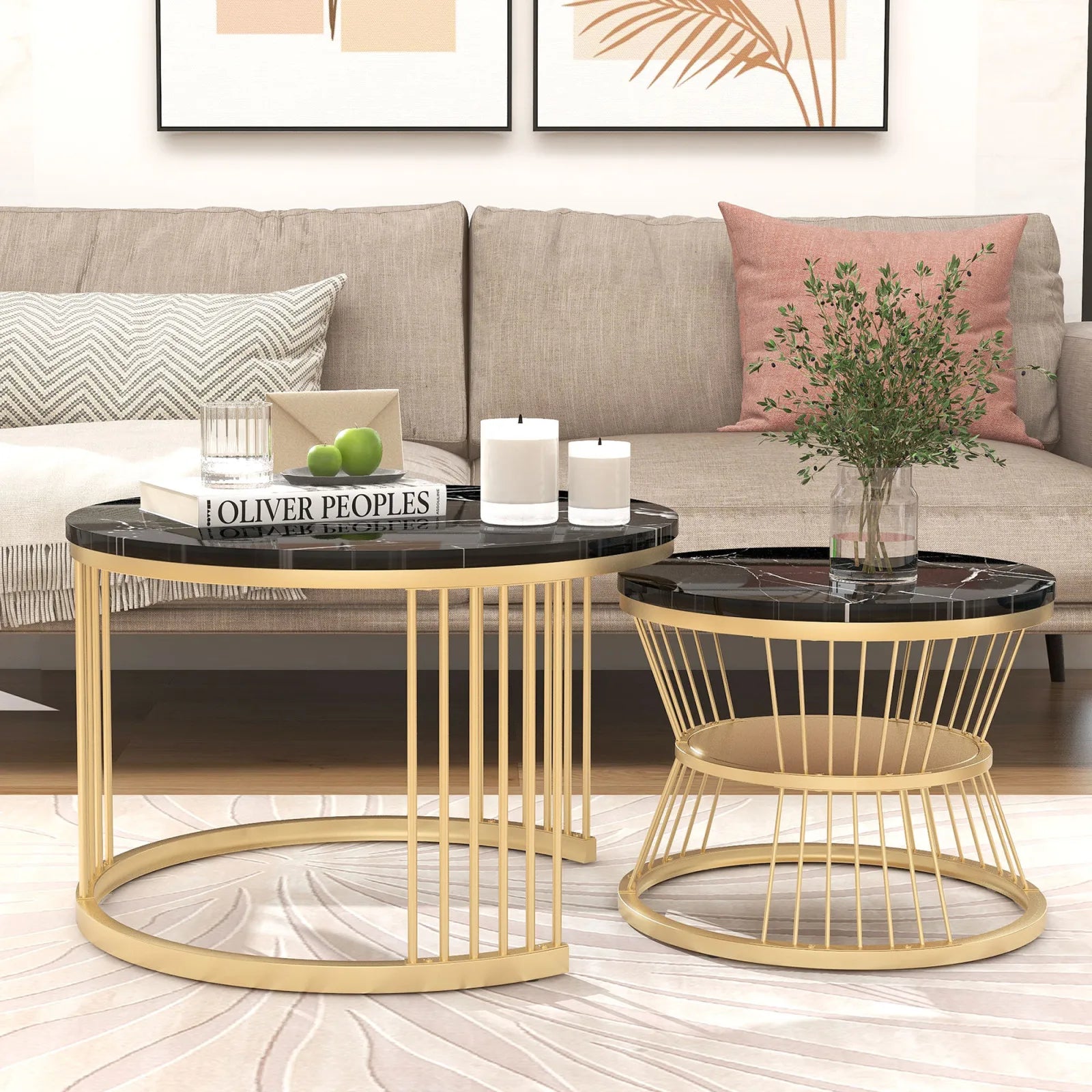 Duo de Tables Gigognes Rondes Marbre Noir & Blanc Haute Brillance – Design Modulable