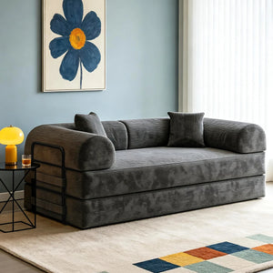 Canapé-Lit Double Velours Gris – Installation Facile, Sans Montage