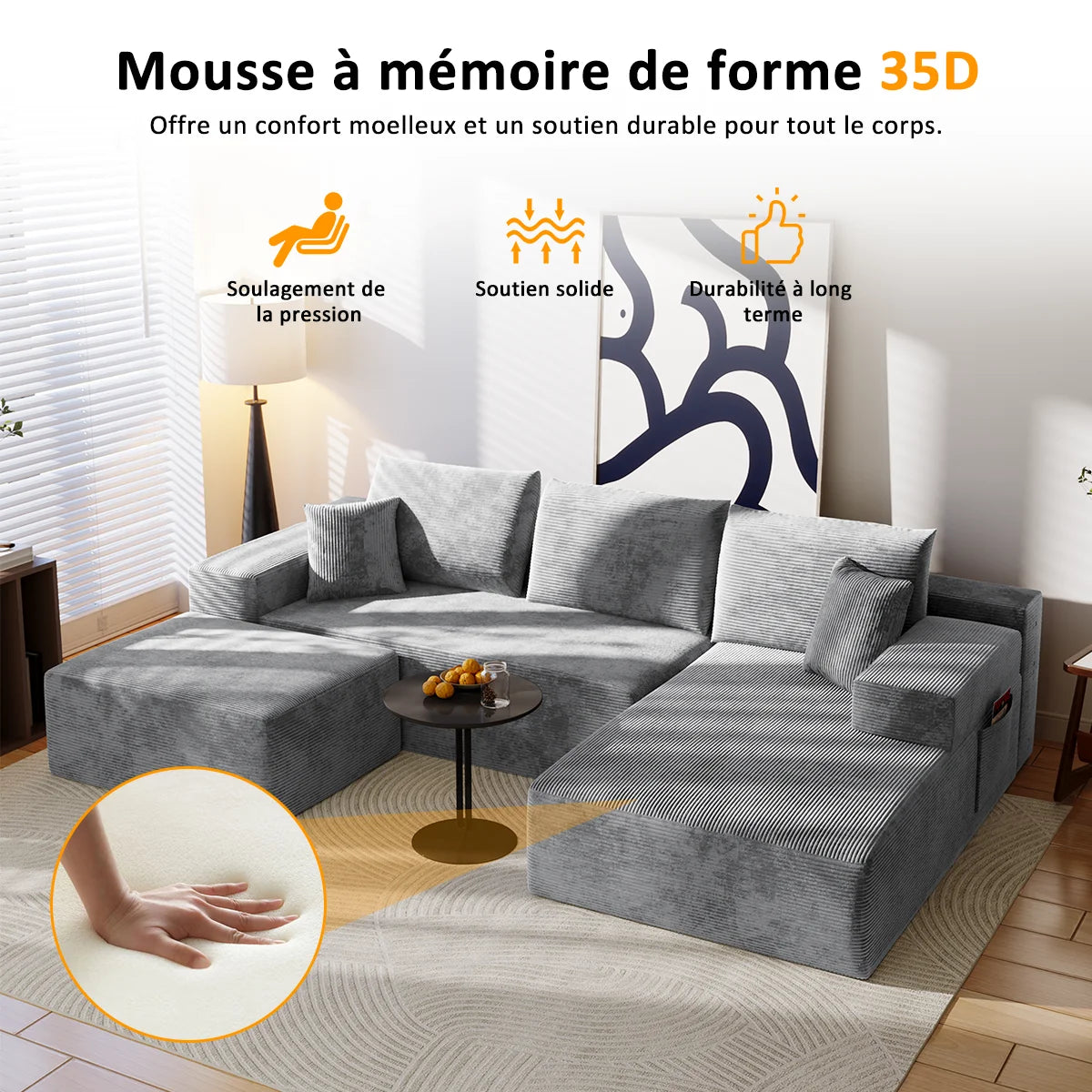 Canapé Modulaire en U Velours Côtelé Mousse Mémoire de Forme – Confort Généreux pour Salon
