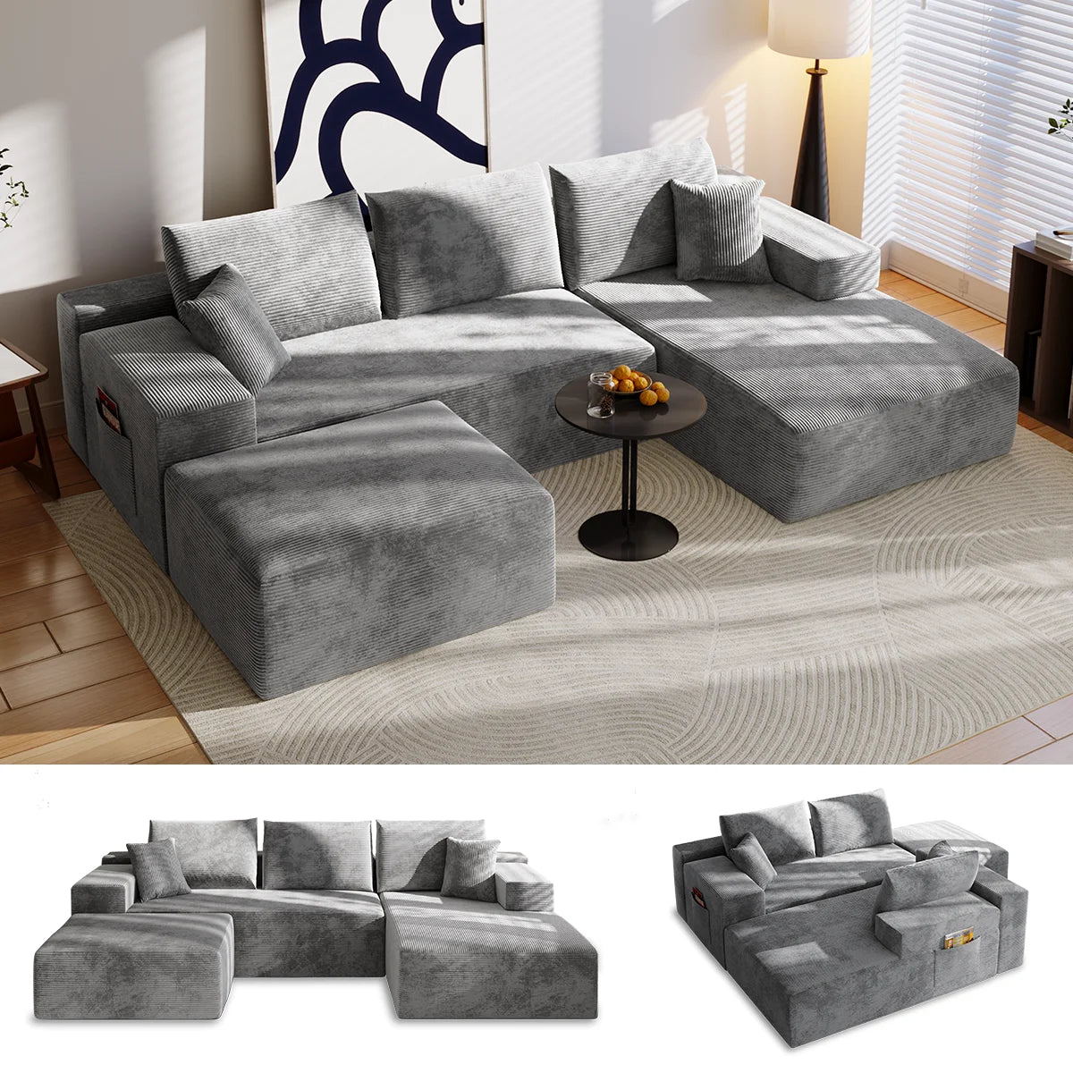 Canapé Modulaire en U Velours Côtelé Mousse Mémoire de Forme – Confort Généreux pour Salon