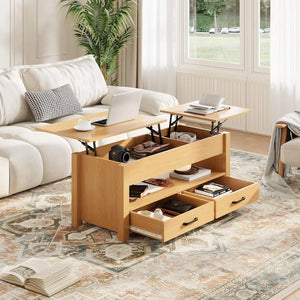 Table Basse Relevable en Bois – 2 Tiroirs et Compartiment Caché pour Rangement Malin