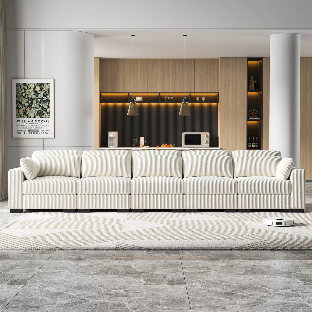 Canapé d'Angle Modulaire Velours Côtelé avec Accoudoirs Larges – Beige ou Gris, 100% Personnalisable