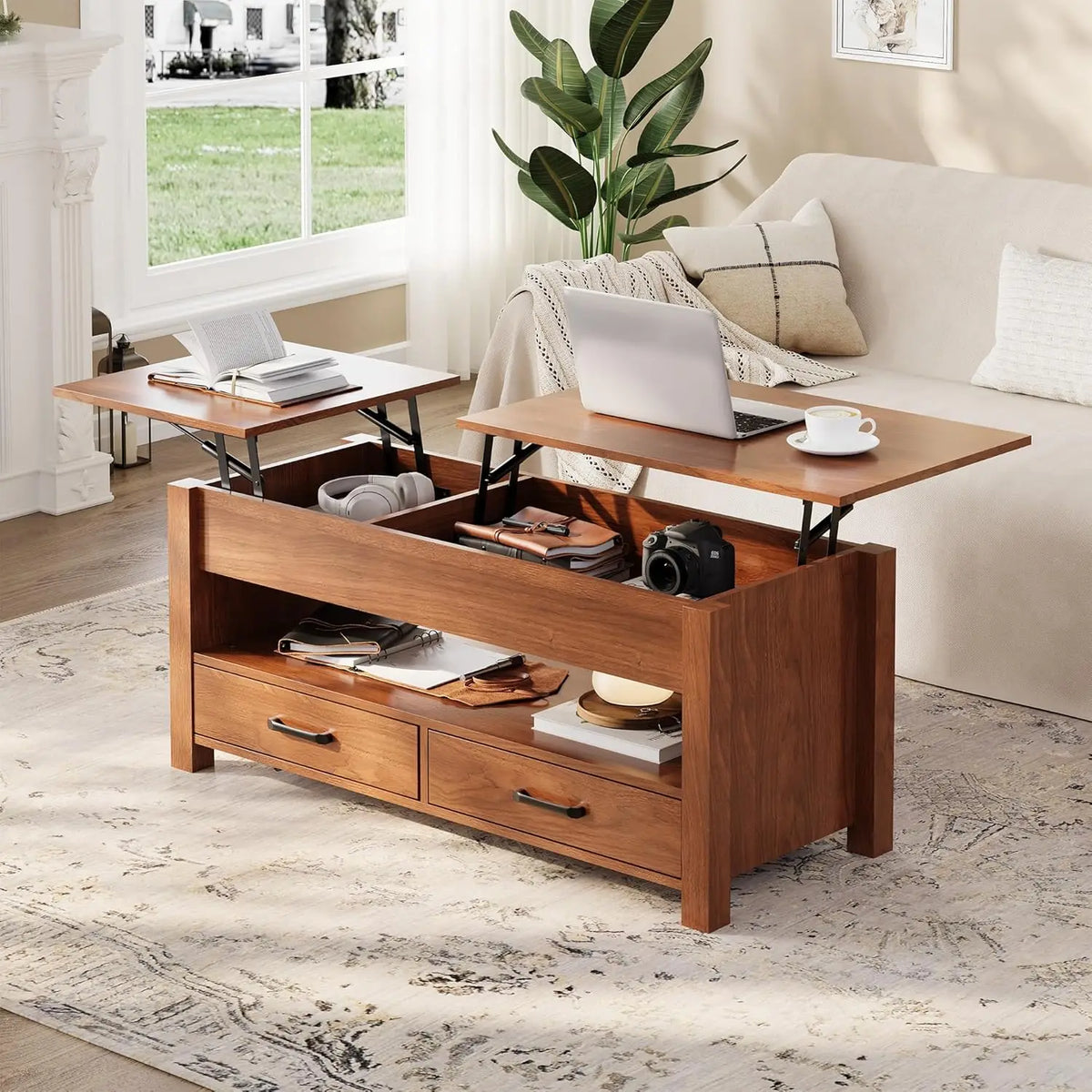 Table Basse Relevable en Bois – 2 Tiroirs et Compartiment Caché pour Rangement Malin
