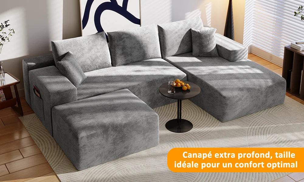 Canapé Modulaire en U Velours Côtelé Mousse Mémoire de Forme – Confort Généreux pour Salon