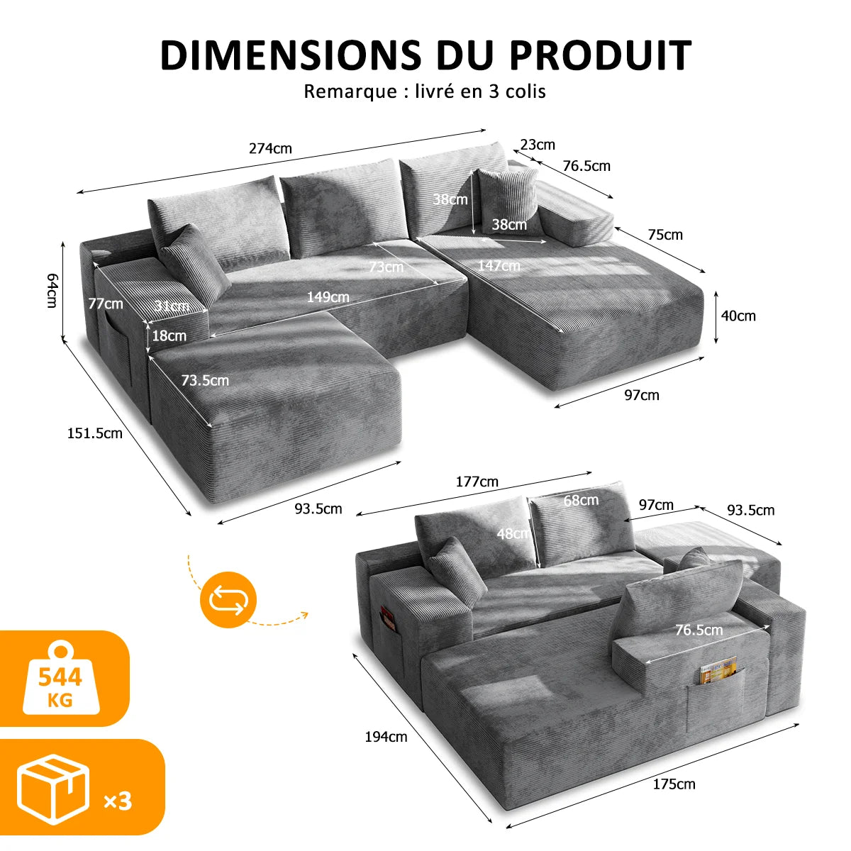 Canapé Modulaire en U Velours Côtelé Mousse Mémoire de Forme – Confort Généreux pour Salon