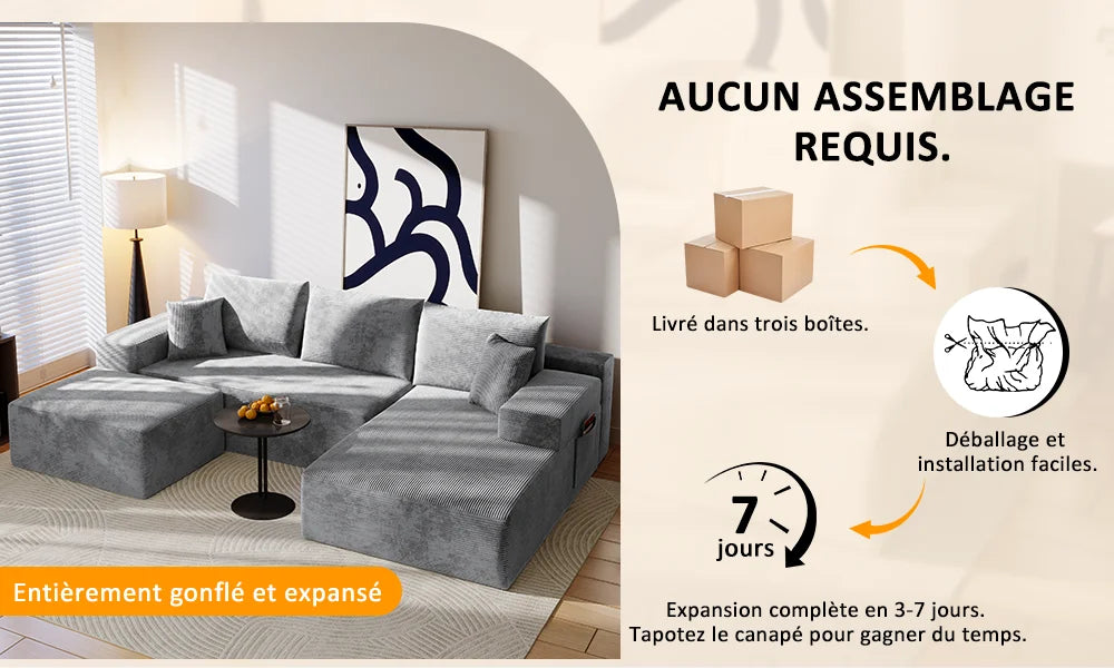 Canapé Modulaire en U Velours Côtelé Mousse Mémoire de Forme – Confort Généreux pour Salon