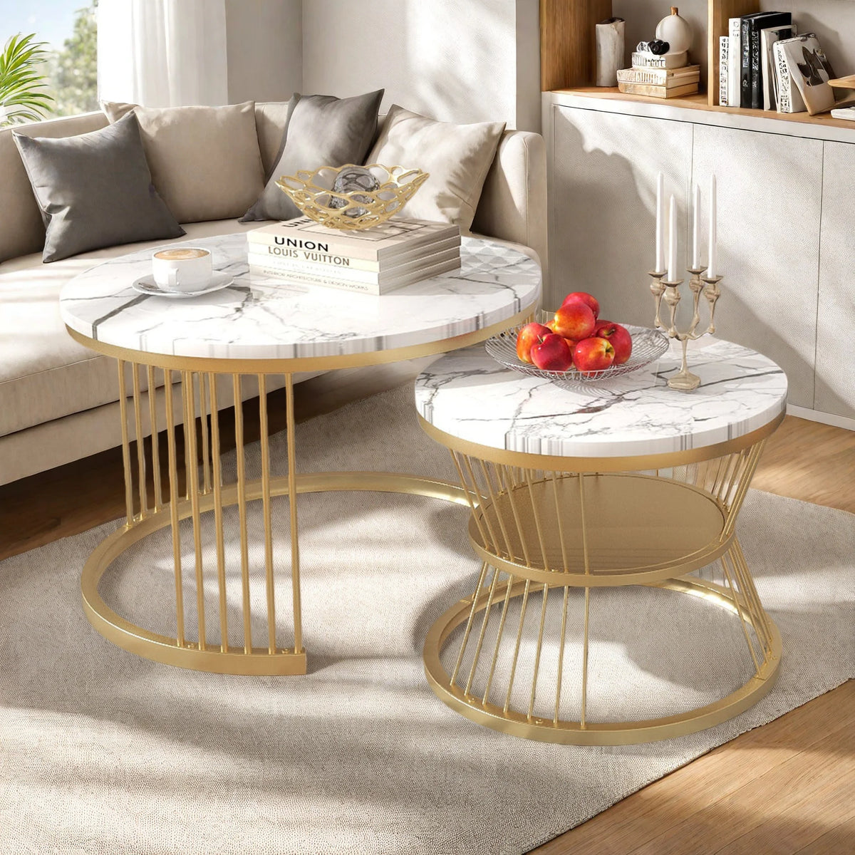 Duo de Tables Gigognes Rondes Marbre – Finition Brillante, Noir ou Blanc