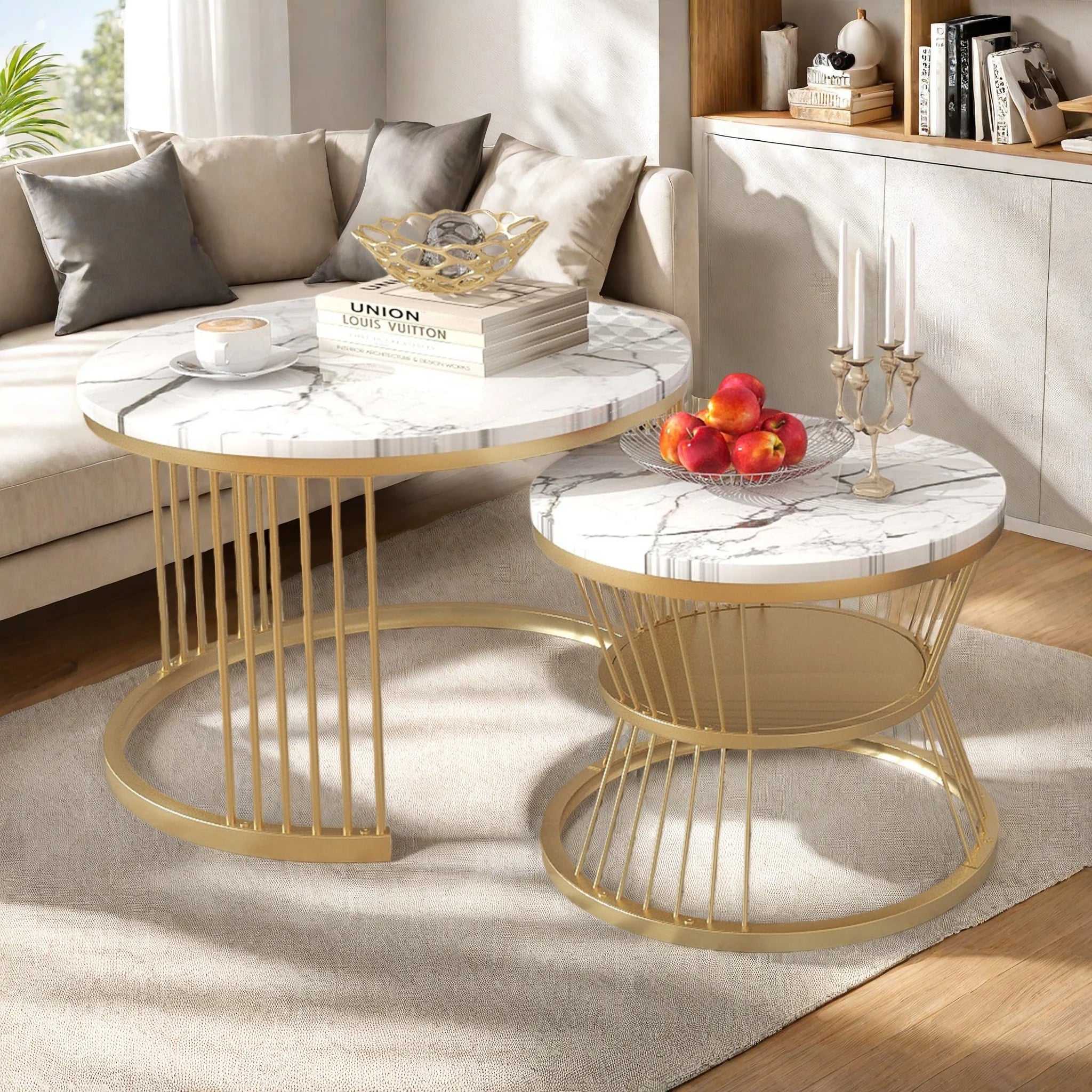 Duo de Tables Gigognes Rondes Marbre Noir & Blanc Haute Brillance – Design Modulable