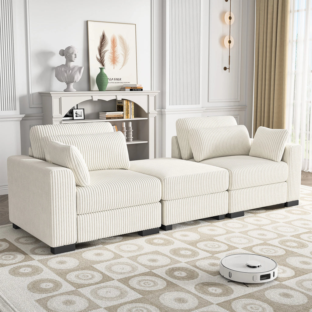 Canapé d'Angle Modulaire Velours Côtelé avec Accoudoirs Larges – Beige ou Gris, 100% Personnalisable