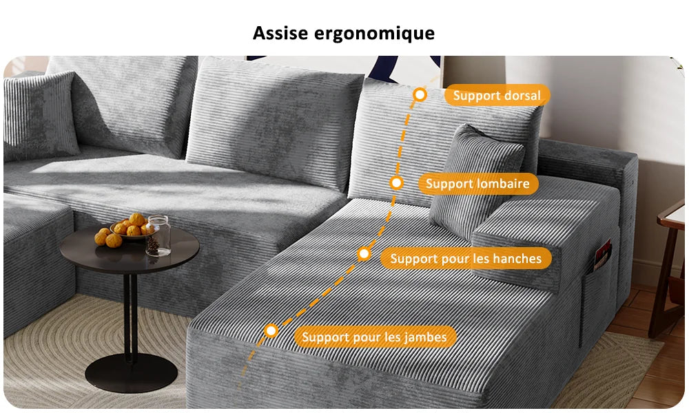 Canapé Modulaire en U Velours Côtelé Mousse Mémoire de Forme – Confort Généreux pour Salon