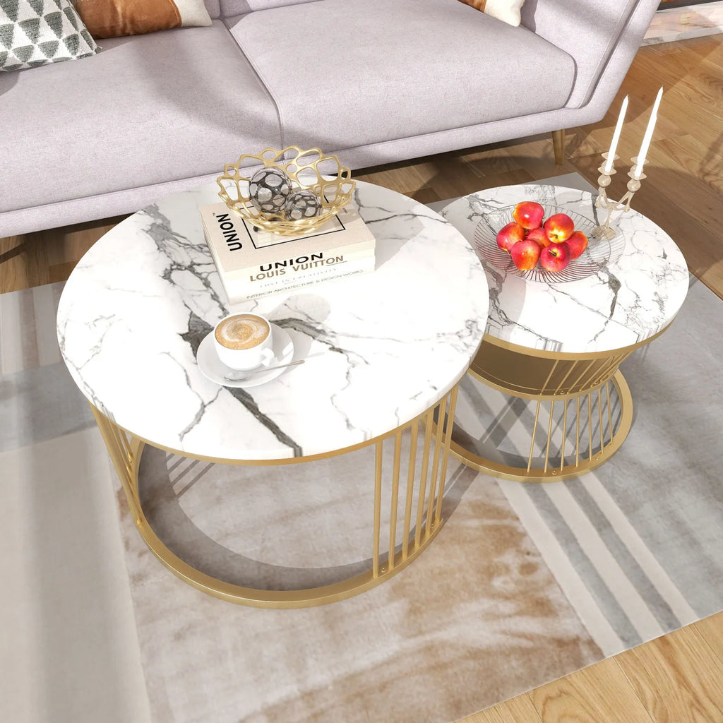 Duo de Tables Gigognes Rondes Marbre Noir & Blanc Haute Brillance – Design Modulable