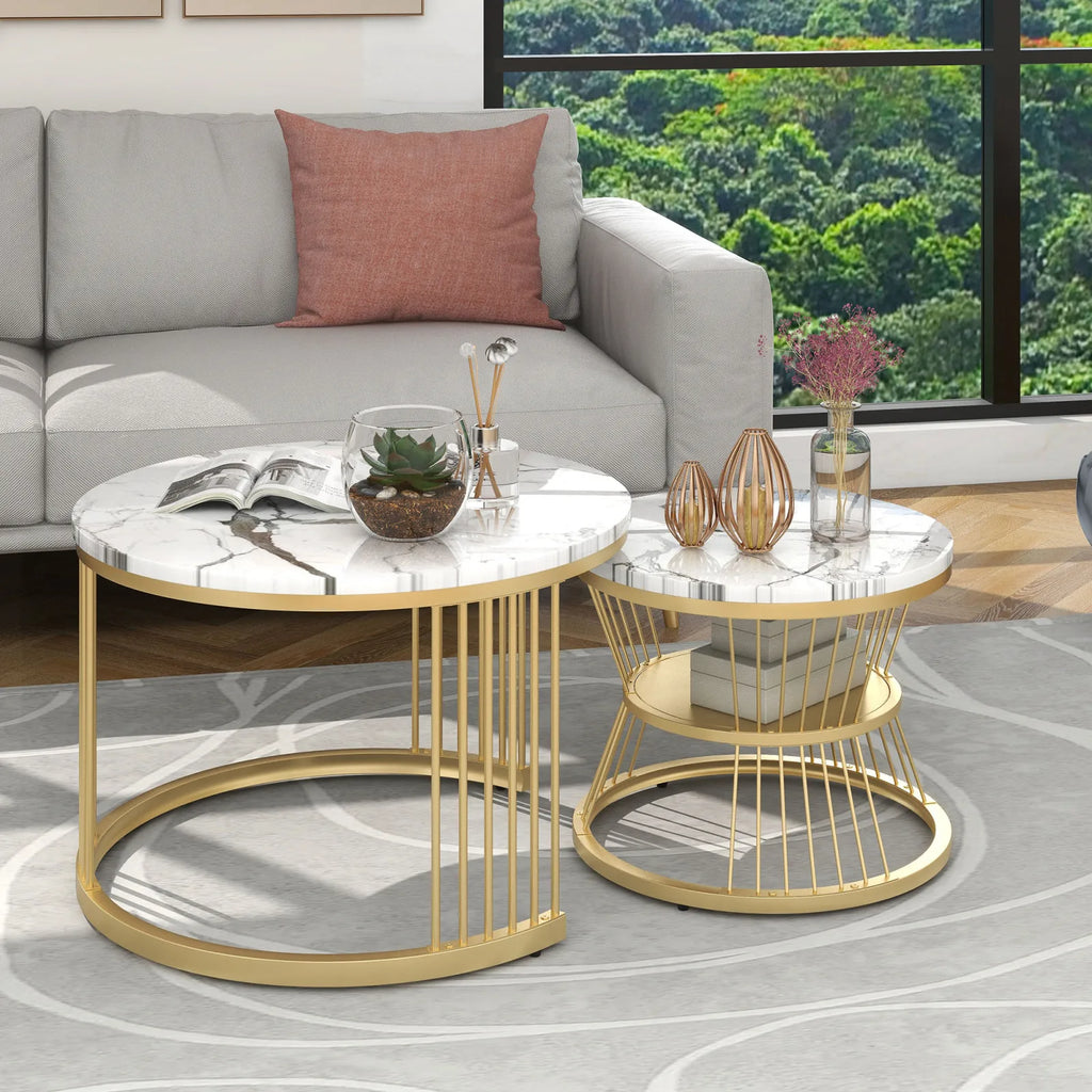 Duo de Tables Gigognes Rondes Marbre Noir & Blanc Haute Brillance – Design Modulable