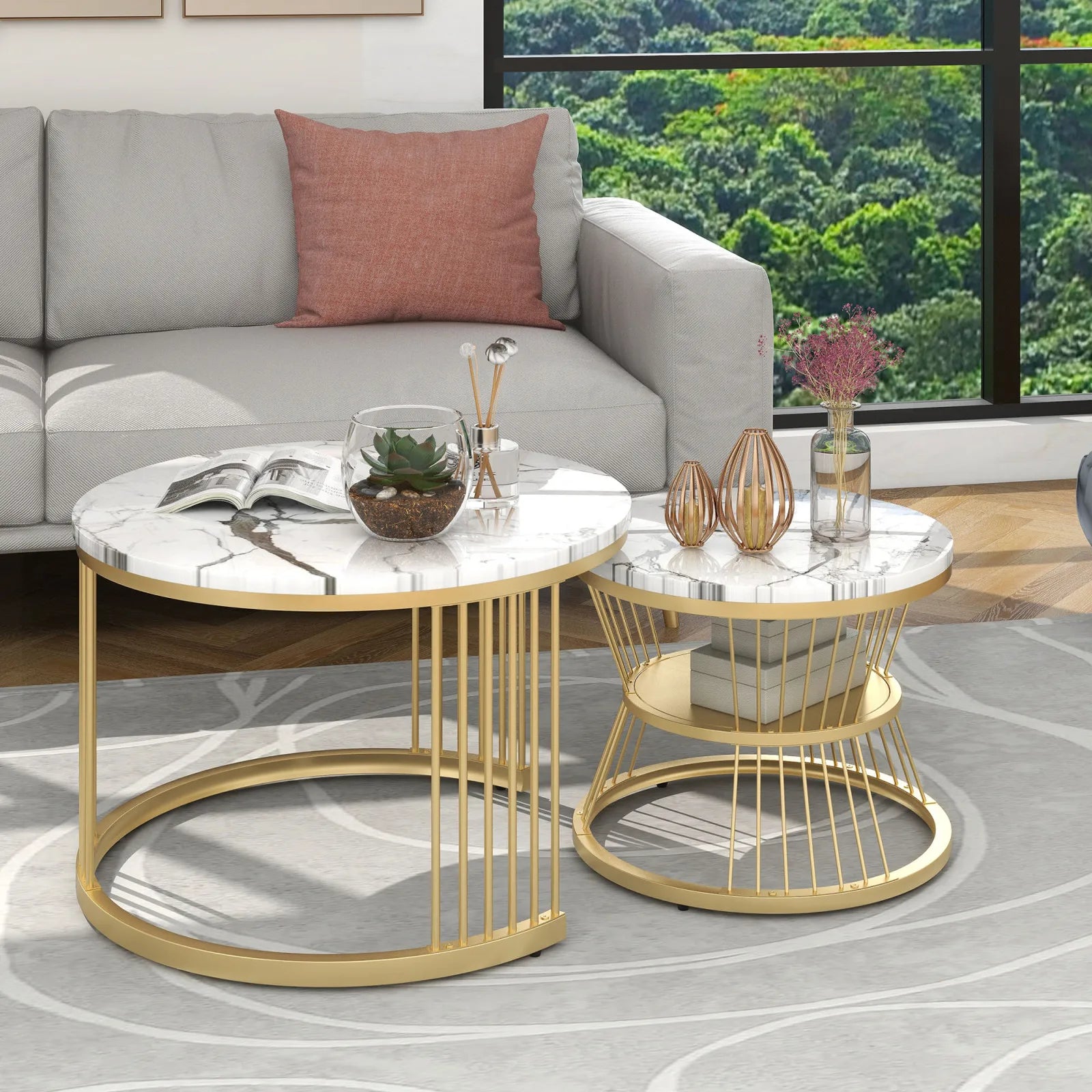 Duo de Tables Gigognes Rondes Marbre Noir & Blanc Haute Brillance – Design Modulable