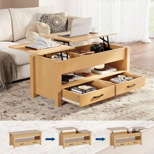 Table Basse Relevable en Bois – 2 Tiroirs et Compartiment Caché pour Rangement Malin