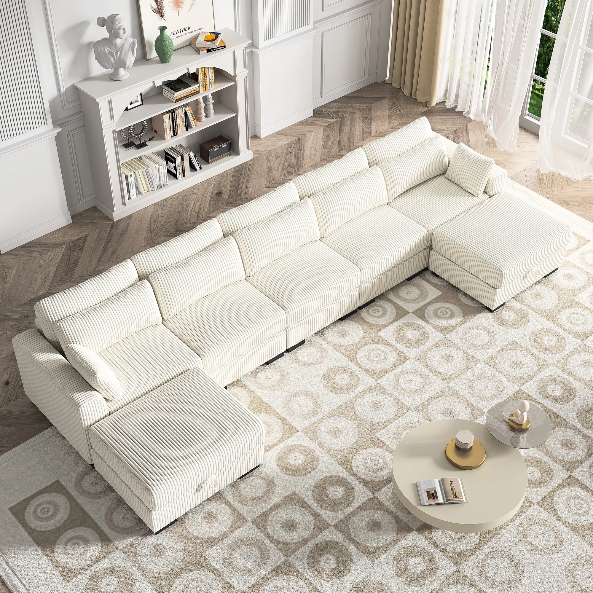 Canapé d'Angle Modulaire Velours Côtelé avec Accoudoirs Larges – Beige ou Gris, 100% Personnalisable