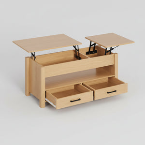 Table Basse Relevable en Bois – 2 Tiroirs et Compartiment Caché pour Rangement Malin