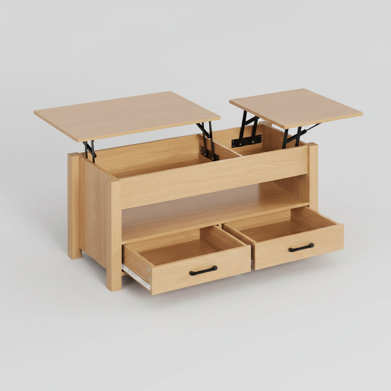 Table Basse Relevable en Bois – 2 Tiroirs et Compartiment Caché pour Rangement Malin