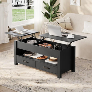 Table Basse Relevable en Bois – 2 Tiroirs et Compartiment Caché pour Rangement Malin