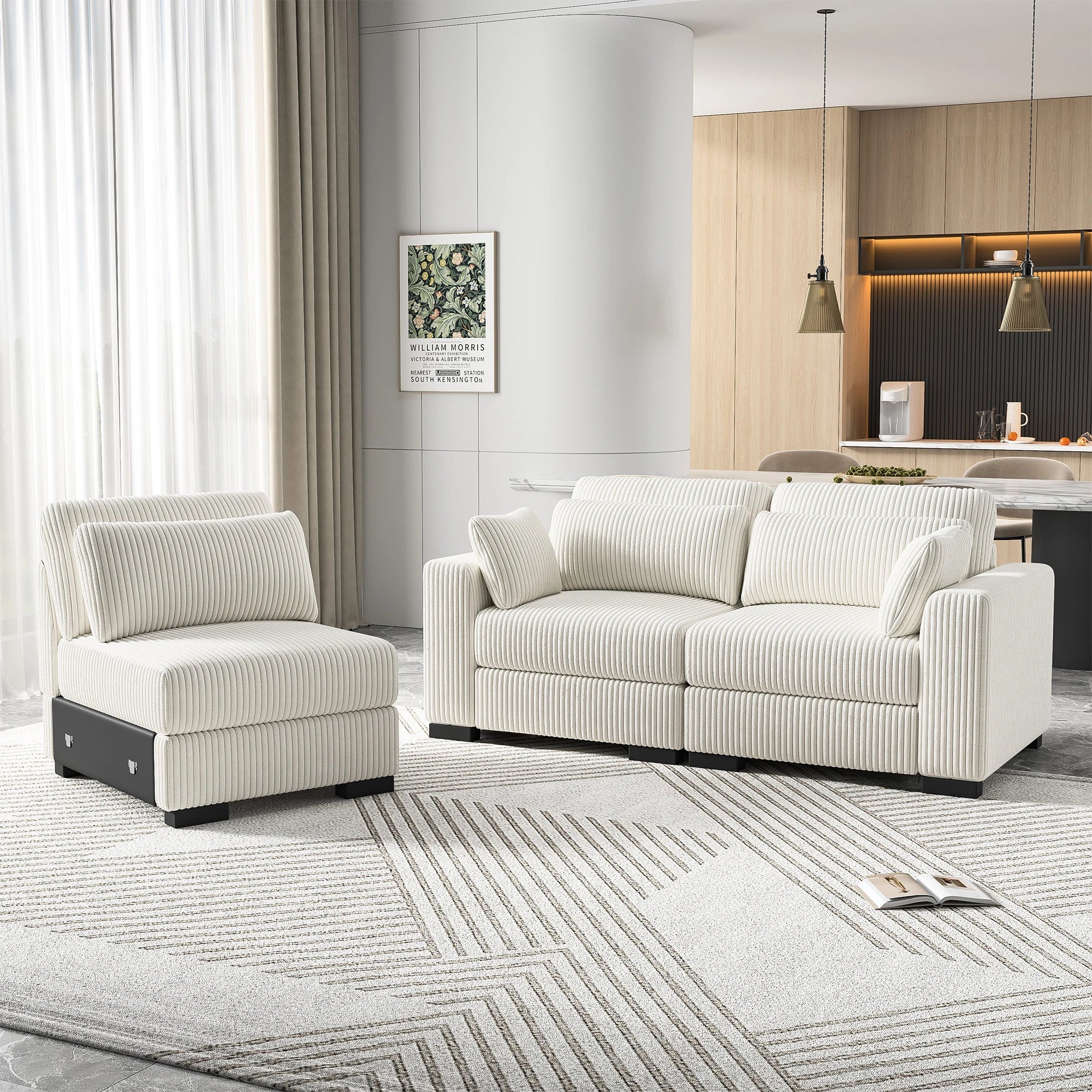 Canapé d'Angle Modulaire Velours Côtelé avec Accoudoirs Larges – Beige ou Gris, 100% Personnalisable