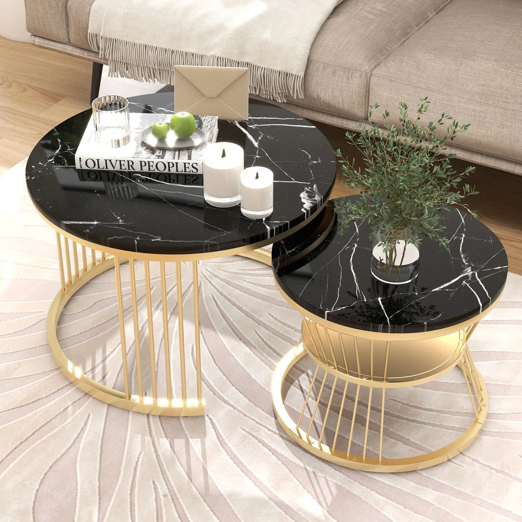 Duo de Tables Gigognes Rondes Marbre Noir & Blanc Haute Brillance – Design Modulable