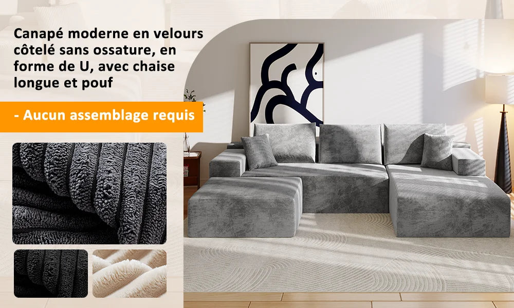 Canapé Modulaire en U Velours Côtelé Mousse Mémoire de Forme – Confort Généreux pour Salon