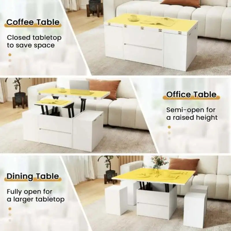 Table Basse Relevable Blanche avec 4 Tabourets de Rangement – Compartiment Caché, Idéale pour Recevoir