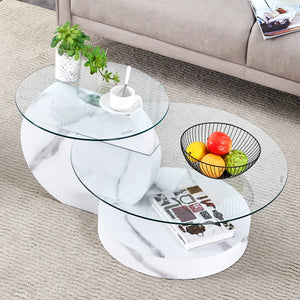 Table Basse Verre Multi-Niveaux Effet Marbre Blanc – Design Minimaliste Élégant