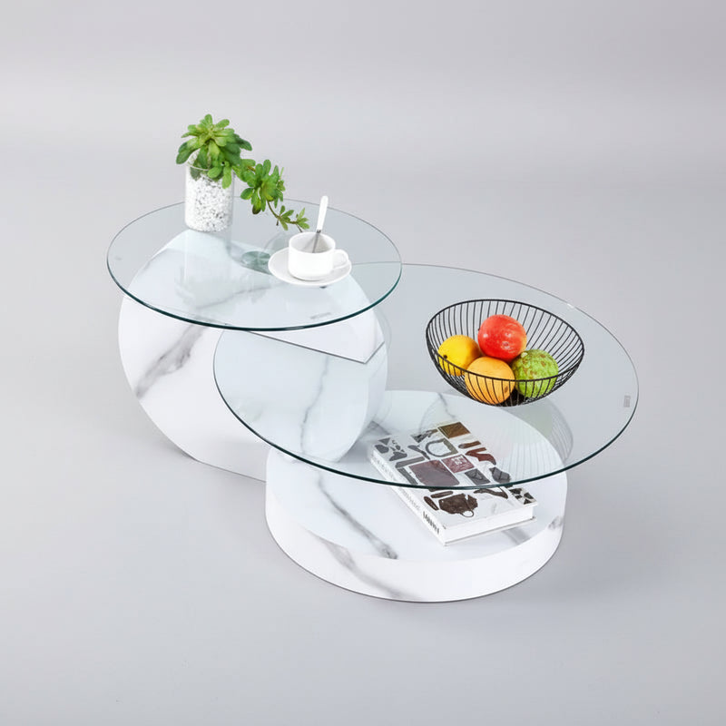 Table Basse Verre Multi-Niveaux Effet Marbre Blanc – Design Minimaliste Élégant