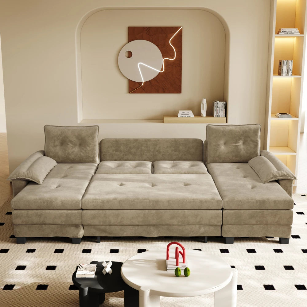 Canapé Convertible en U Ye 278cm Camel avec USB & Accoudoirs Amovibles – Format XXL Modulaire