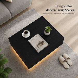 Table Basse LED Bois Massif Chêne Noir 85x55cm – Élégance Naturelle et Lumineuse