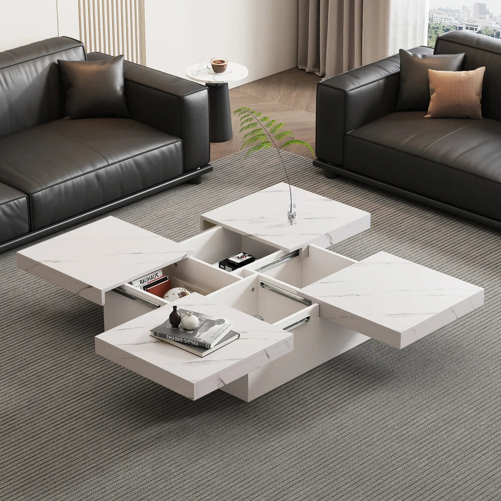 Table Basse Carrée Noire 90x90cm à 4 Tiroirs – Plateau Coulissant, Design Marbré Chic