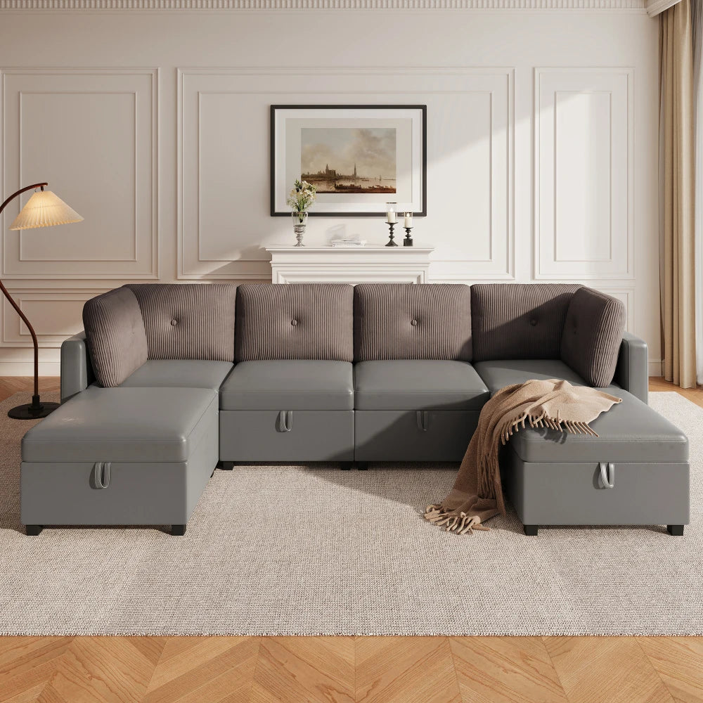 Canapé Modulaire en U avec Espace de Rangement – Velours & Cordon, Confort Haute Densité