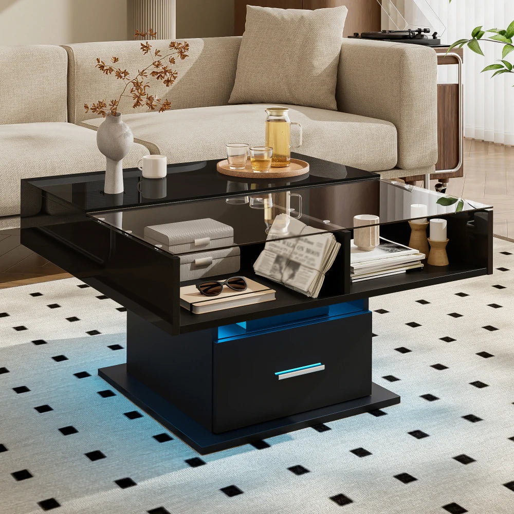 Table Basse Relevable Multifonction Laquée avec LED – Hauteur Ajustable & Rangement Astucieux