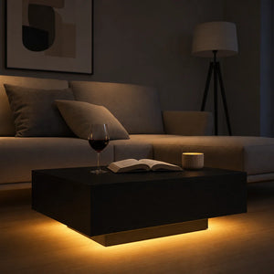 Table Basse LED Bois Massif Chêne Noir 85x55cm – Élégance Naturelle et Lumineuse