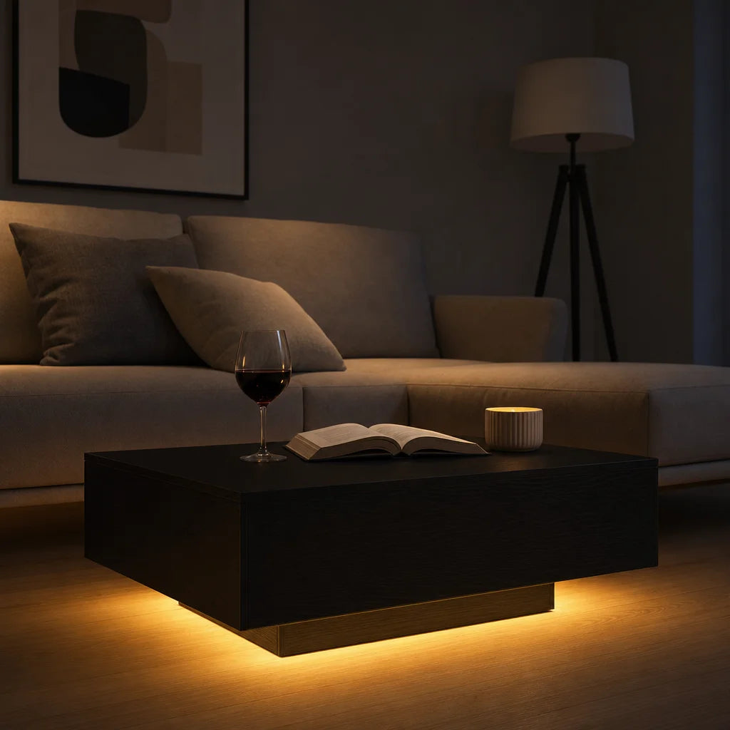 Table Basse LED Bois Massif Finition Chêne Noir 85x55cm – Élégance Naturelle pour Salon