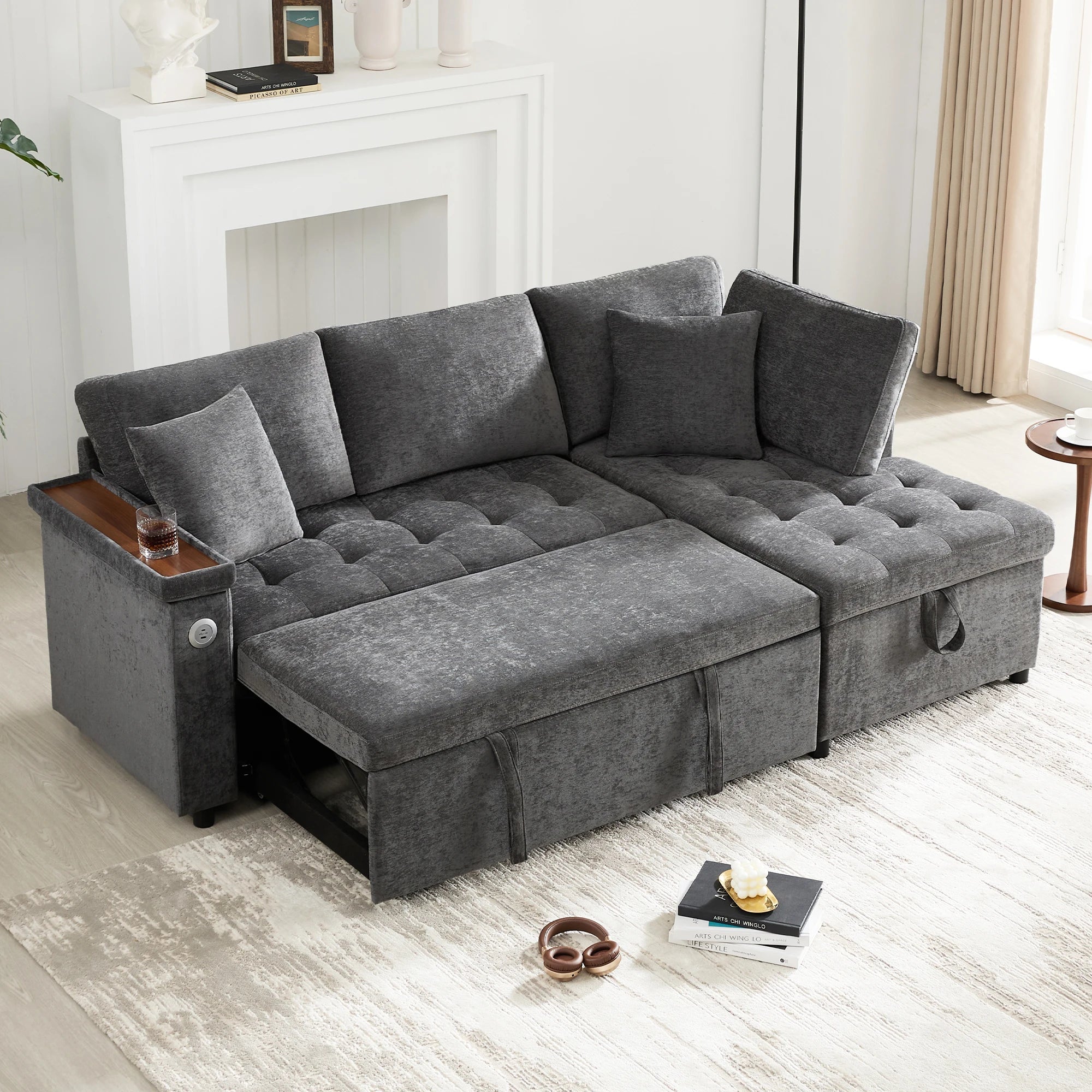 Canapé d'Angle Convertible 3-4 Places Chenille Gris Foncé avec Coffre, USB & Porte-Gobelet